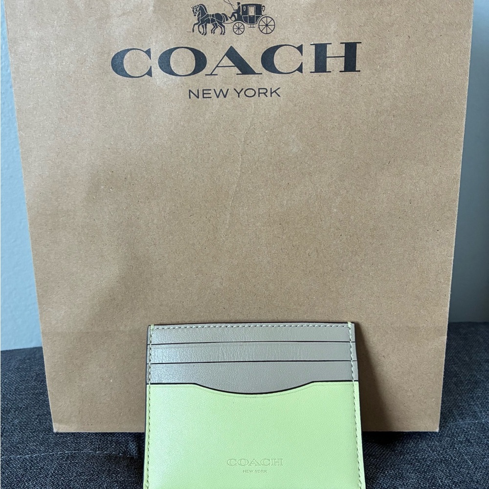 Coach Slim Card Case in Pebbled Leather Lime/Tan